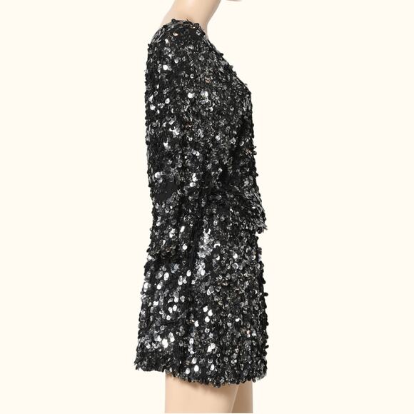 TIBI Black One Shoulder Silk Sequin Mini Dress - Picture 9 of 12